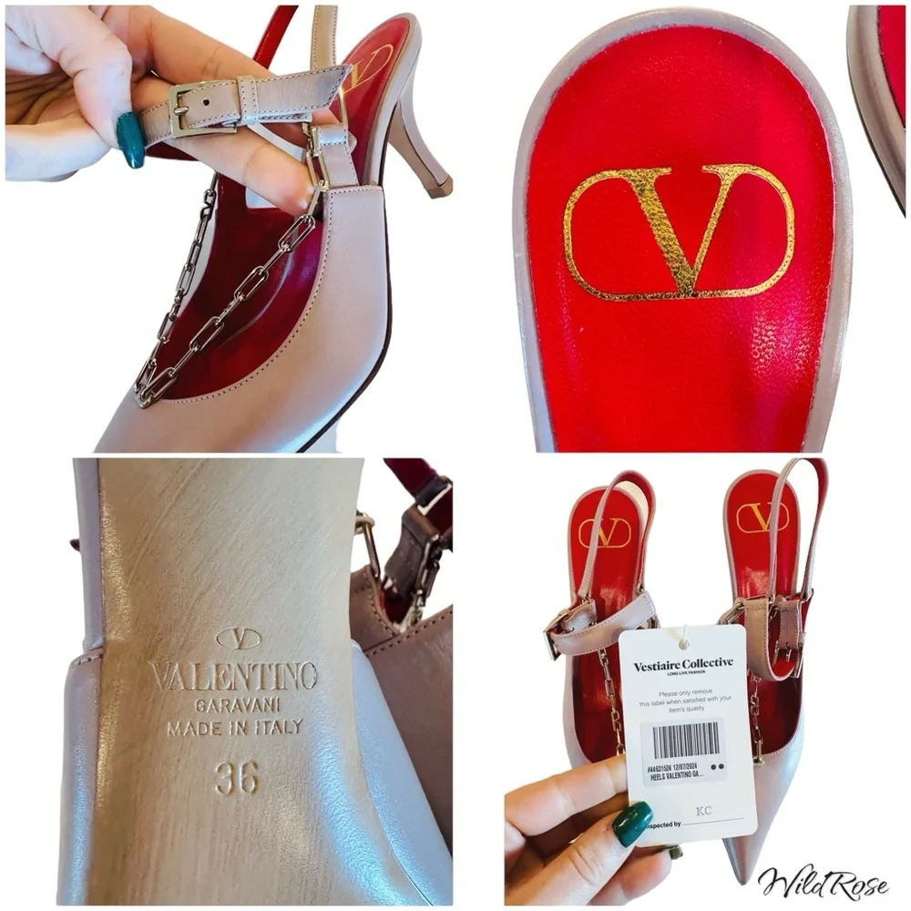 VALENTINO GARAVANI Nude Valentino V Logo Silver Chain Detail Slingback Pumps 36 - Picture 17 of 17